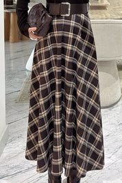 Örme Ekose Detaylı Kemerli Elbise SY-3615-Kahverengi