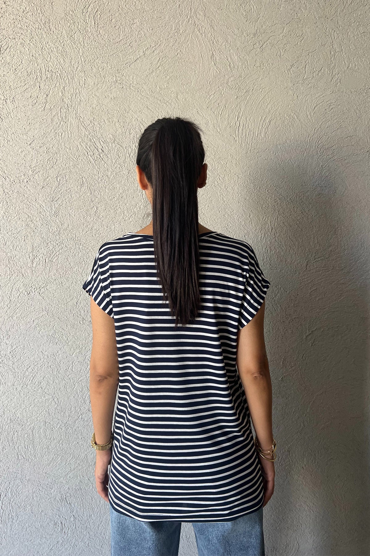 Beyaz Çizgili Koyu Lacivert V Yaka Basic T-shirt SY-0250-Koyu Lacivert