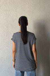 Beyaz Çizgili Koyu Lacivert V Yaka Basic T-shirt SY-0250-Koyu Lacivert