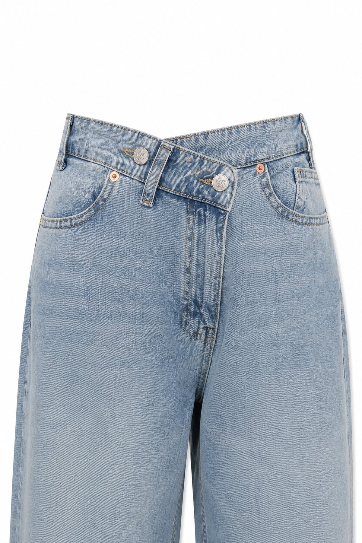 Açık Mavi Asimetrik Düğmeli Kot Baggy Pantolon SY-3463-Açık Mavi