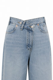 Açık Mavi Asimetrik Düğmeli Kot Baggy Pantolon SY-3463-Açık Mavi
