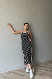 Siyah Beyaz Çizgili L Muadili Kadın Straight Fit Lacivert Elbise SY-2258-Siyah Beyaz