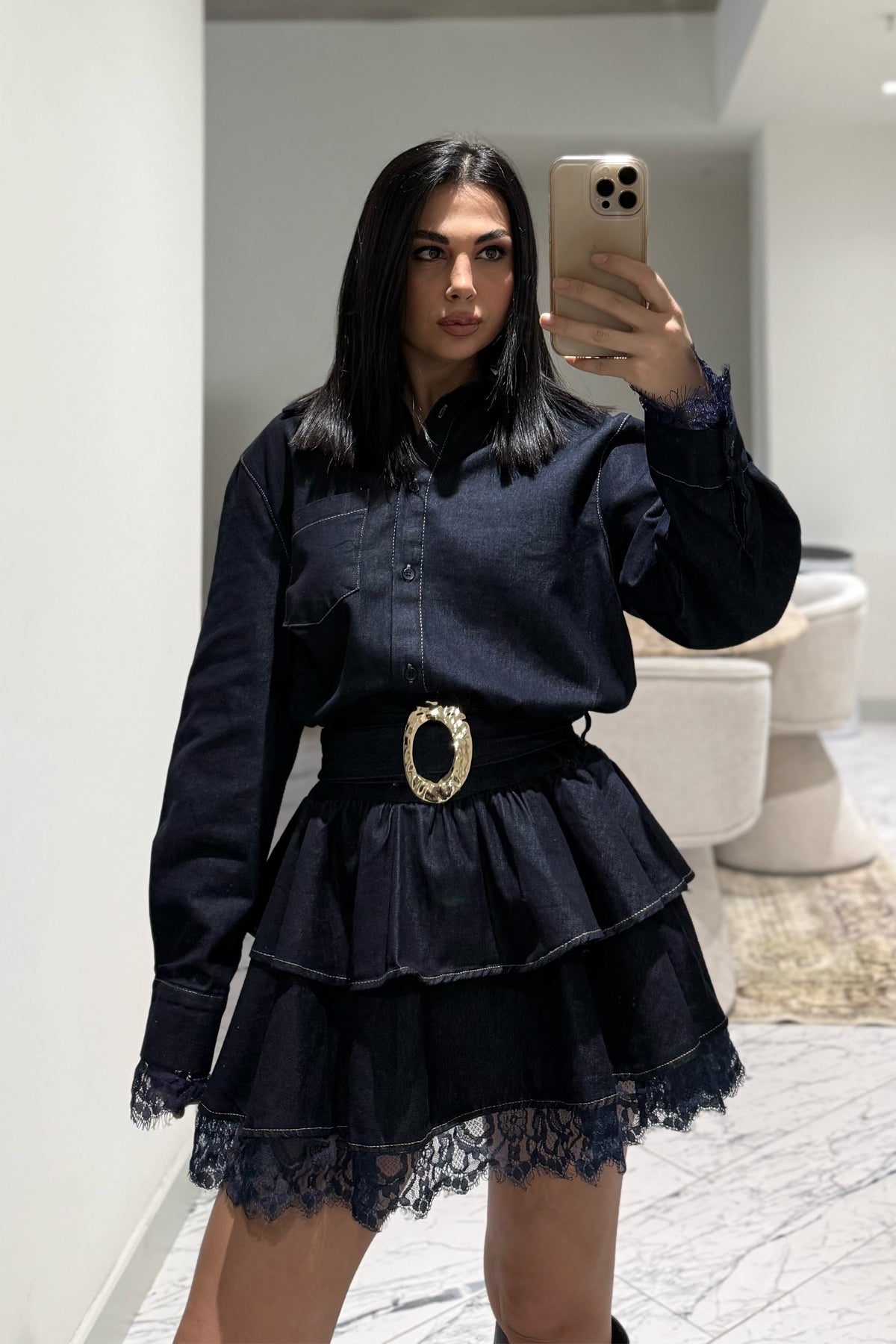 Dantel Detaylı Kemerli Denim Mini Elbise SY-3490-Lacivert