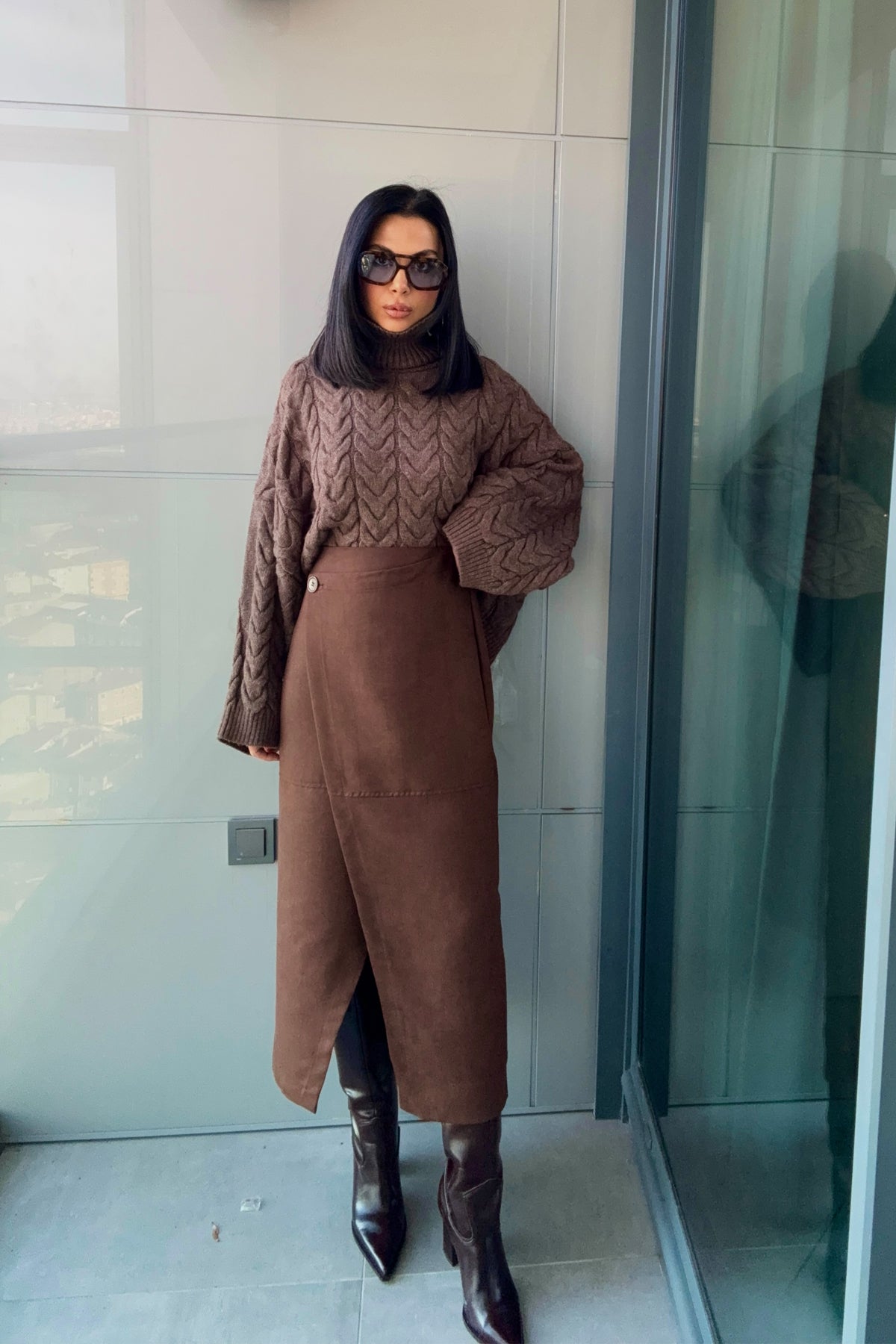 Süet Anvelop Kahverengi Midi Etek SY-3473-Kahverengi