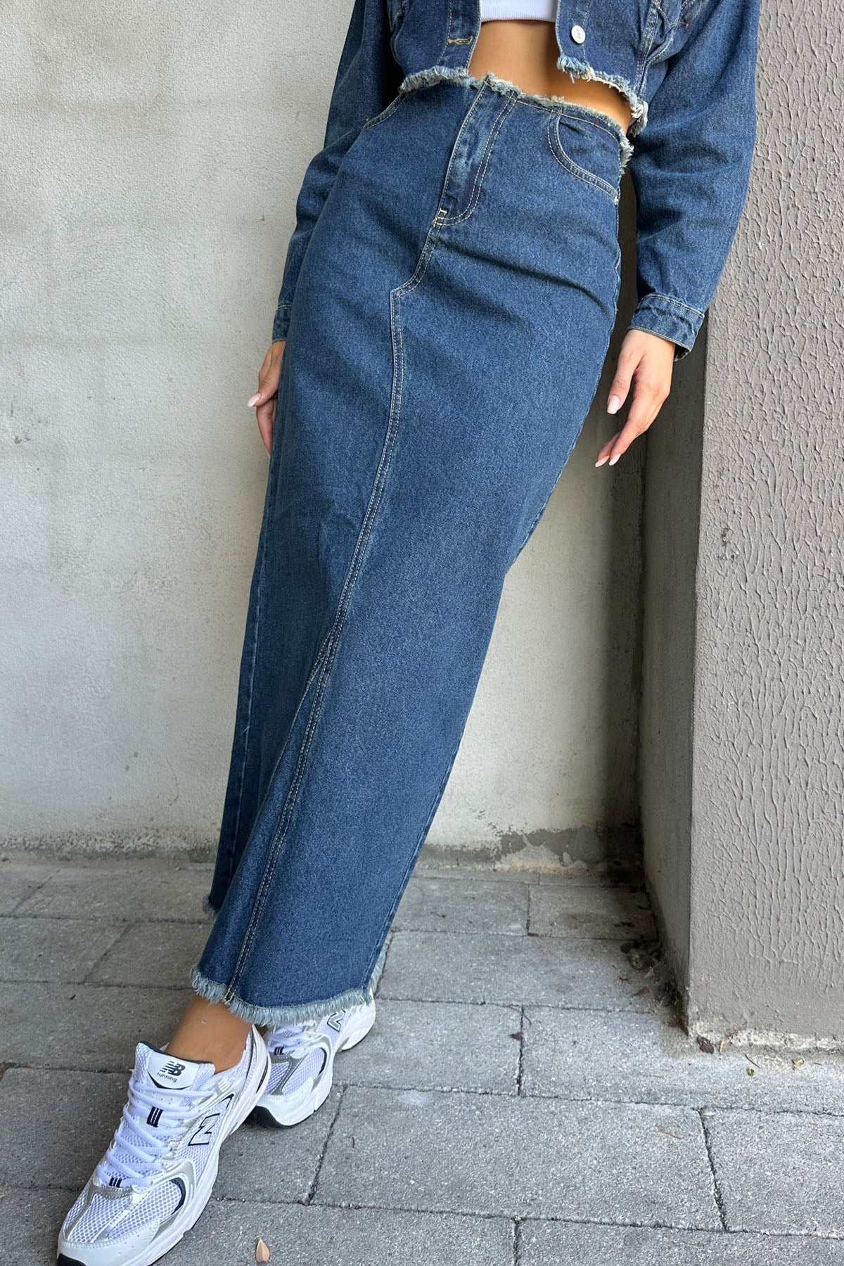 Koyu Mavi Önden Parça Detaylı Arkadan Yırtmaçlı Denim Etek ve Ceket Takım SY-1052-Koyu Mavi