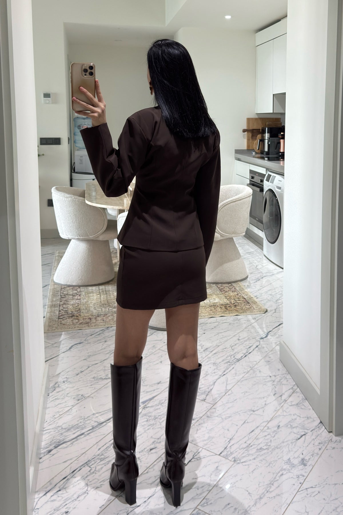 Kahverengi Tasarım Belden Oturmalı Ceket ve Etek Takım SY-3601-Kahverengi