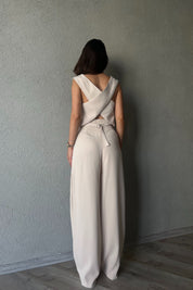 Bej Sırt Detaylı Yelek Palazzo Pantolon Takım SY-2250-Bej