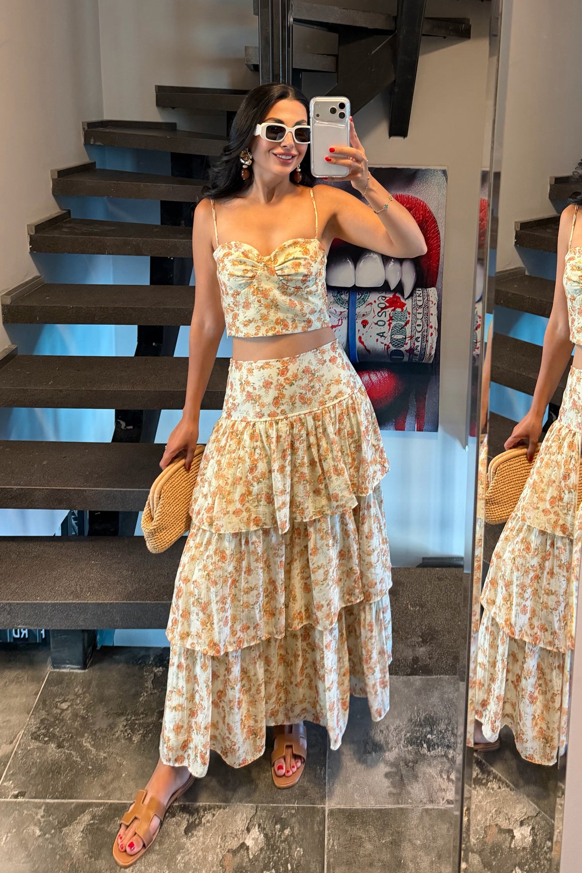 Rosalie Çiçek Desenli İkili Takım - Crop Bluz ve Kat Kat Etek SY-3740-Bej