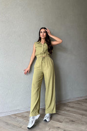 Haki Sıfır Kol Cep Detaylı Crop Pantolon Takım SY-1788-Haki