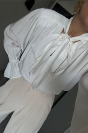 Vatkalı Şal Detaylı Beyaz Bluz SY-3658-Beyaz