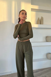 Haki Dalkıç Kumaş Basic Jogger Crop Pantolon Takım SY-1705-Haki