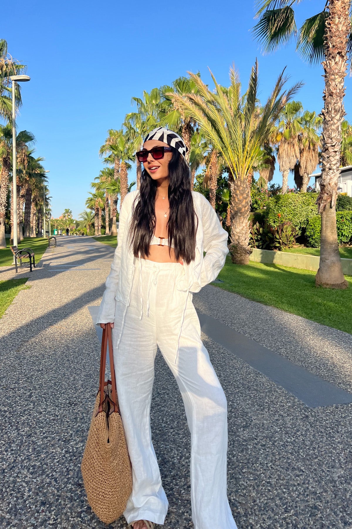 Beyaz Beli Bağcık Detaylı  Keten Pantolon SY-2155-Beyaz