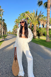 Beyaz Beli Bağcık Detaylı  Keten Pantolon SY-2155-Beyaz