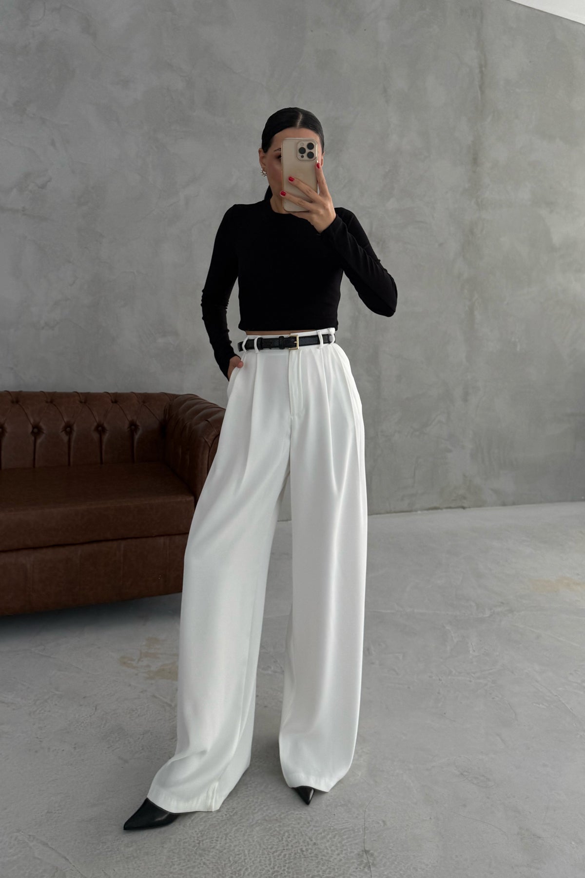 Beyaz Pens Detaylı Palazzo Pantolon SY-3452-Beyaz