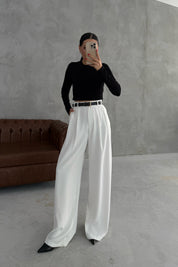 Beyaz Pens Detaylı Palazzo Pantolon SY-3452-Beyaz