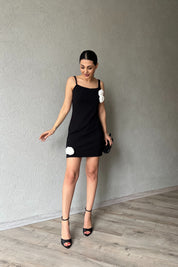 Siyah Gül Detaylı Askılı Elbise SY-1826-Siyah