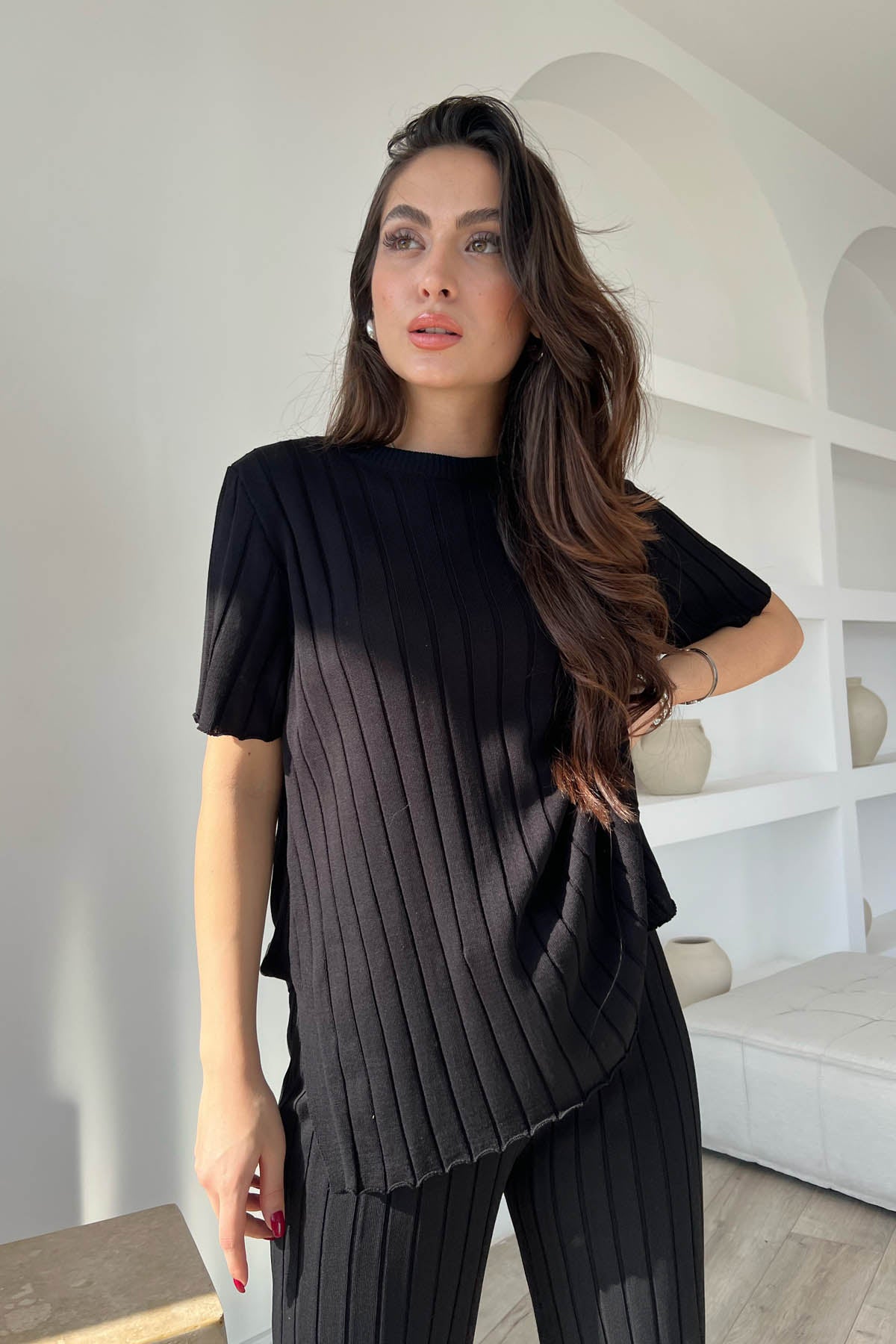 Siyah Fitilli  Kısa Kol ve Pantolon Triko Takım SY-1703-Siyah