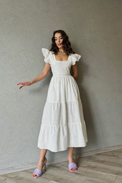 Ekru Kolları Fırfırlı Sırtı Bağlama Detay Brode Elbise SY-0386-Ekru