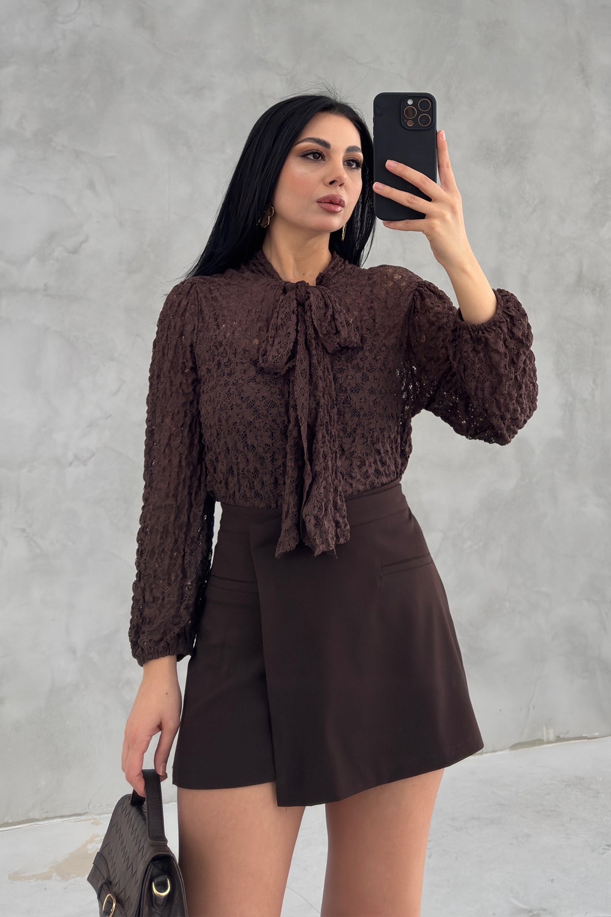 Kahve Asimetrik Şort Etek SY-3635-Kahverengi