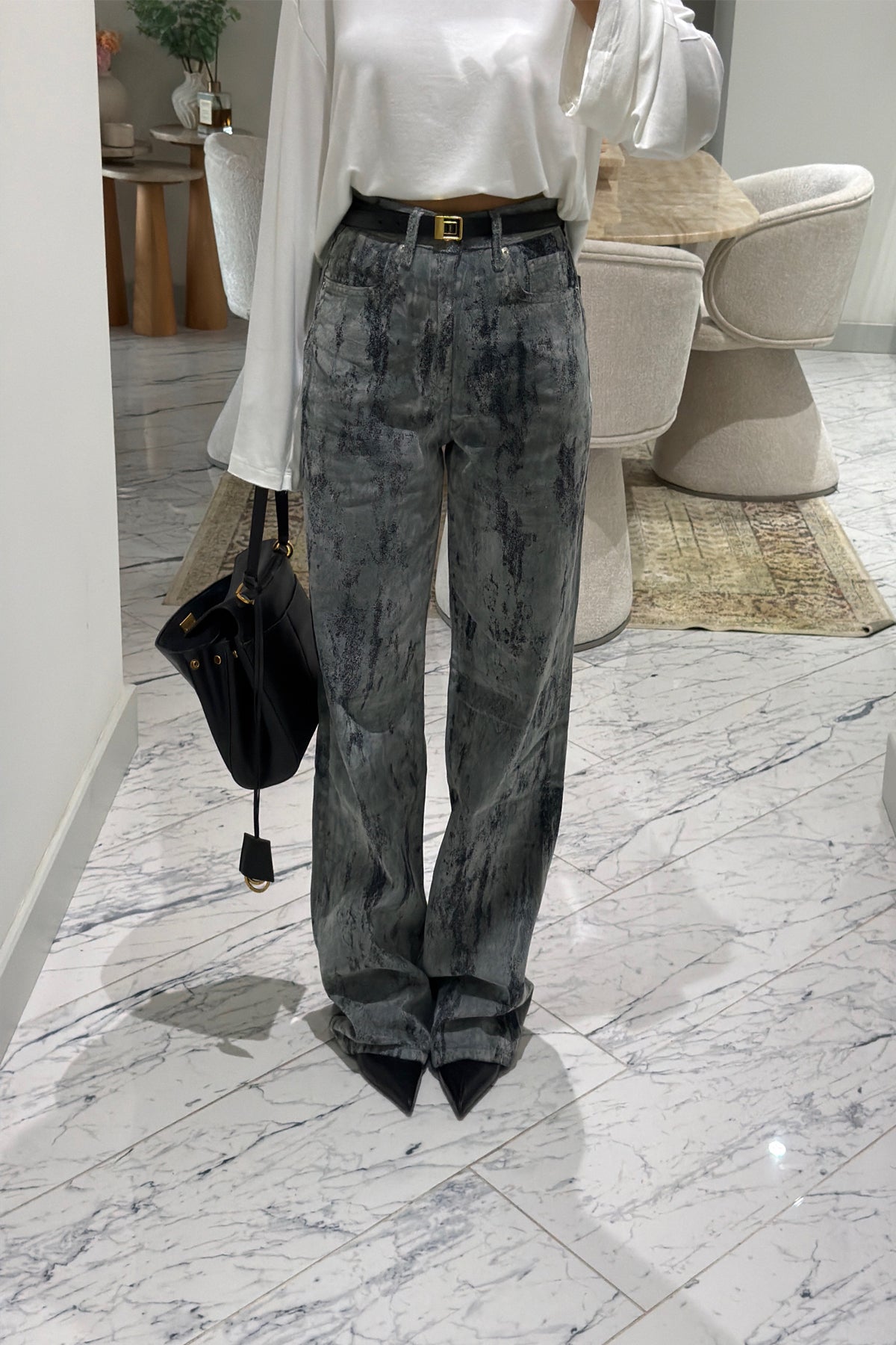 Gri Varak Desenli Kadife Jean SY-3894-Gri