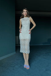 Taş Astarlı Dantel İşlemeli Sıfır Kol Elbise SY-0341-Taş