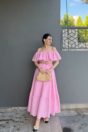 Pembe  Madonna Yaka Kemer Detaylı Fisto Elbise SY-1964-Pembe