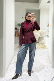 Bordo Belden Oturmalı Pileli Ceket SY-3581-Bordo