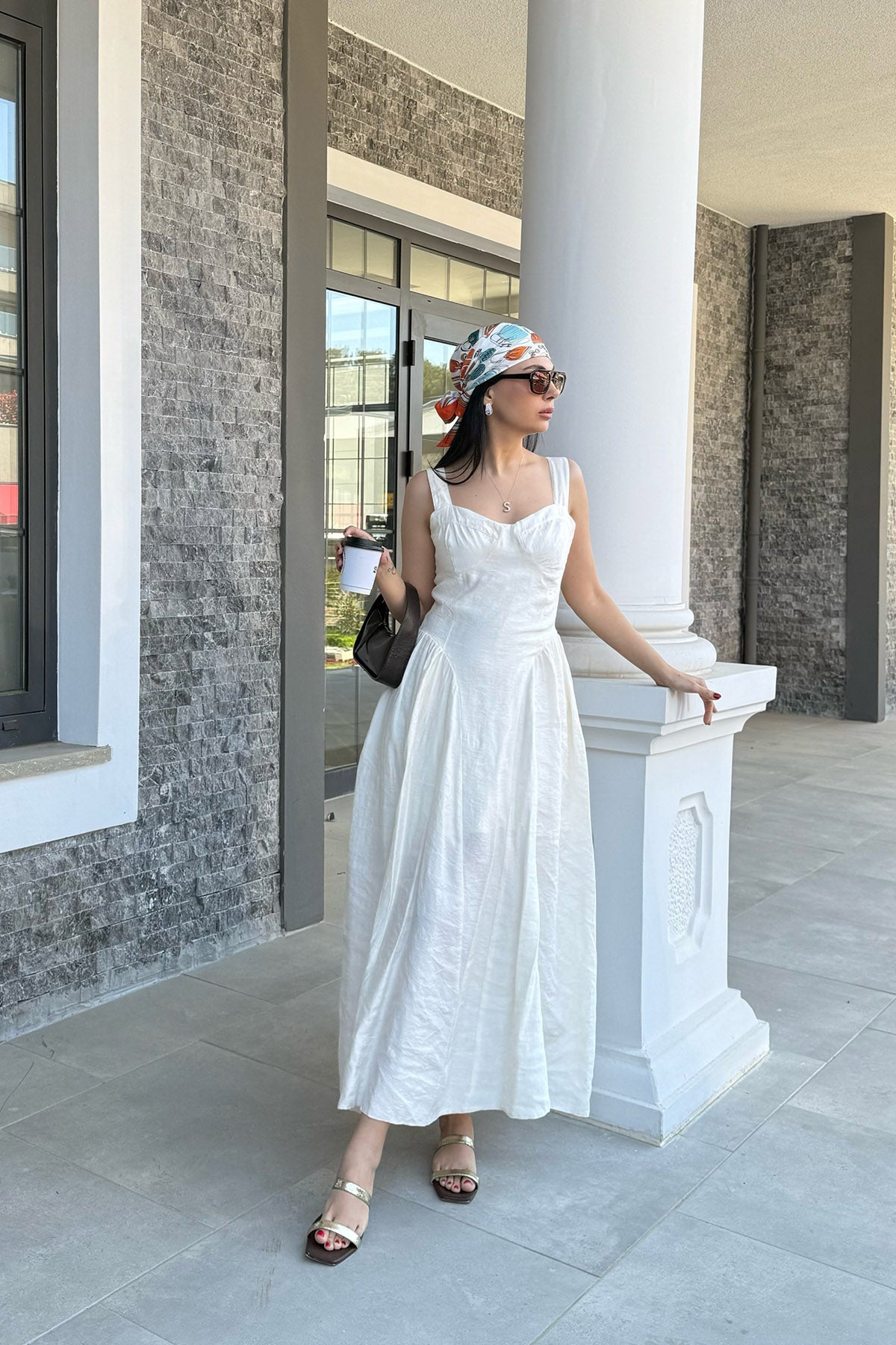 Bej Yanları Büzgülü Göğüs Kuplu Elbise SY-3092-Bej