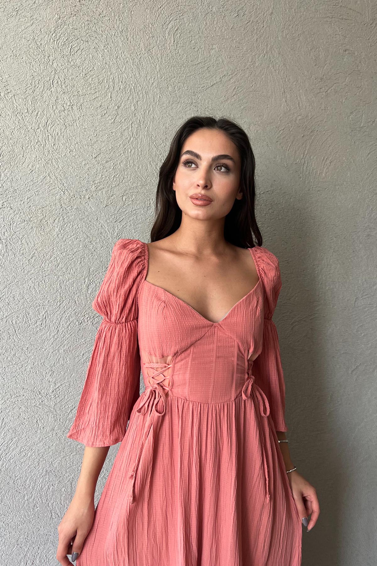 Gül Kurusu Düşük Kol Balenli  Gofre Kumaş Uzun Elbise SY-1779-Gül Kurusu