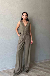 Haki Pile Detaylı Rahat Kesim Keten Pantolon SY-2097-Haki