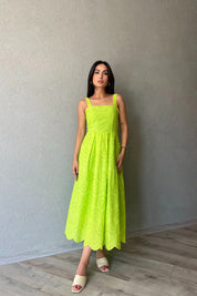 Yağ Yeşil Askı Aparat Detaylı Brode Elbise SY-2036-Yağ Yeşil