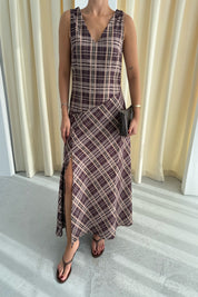 Kahve ZR Model Kalın Askılı Ekoseli Elbise SY-3346-Kahve