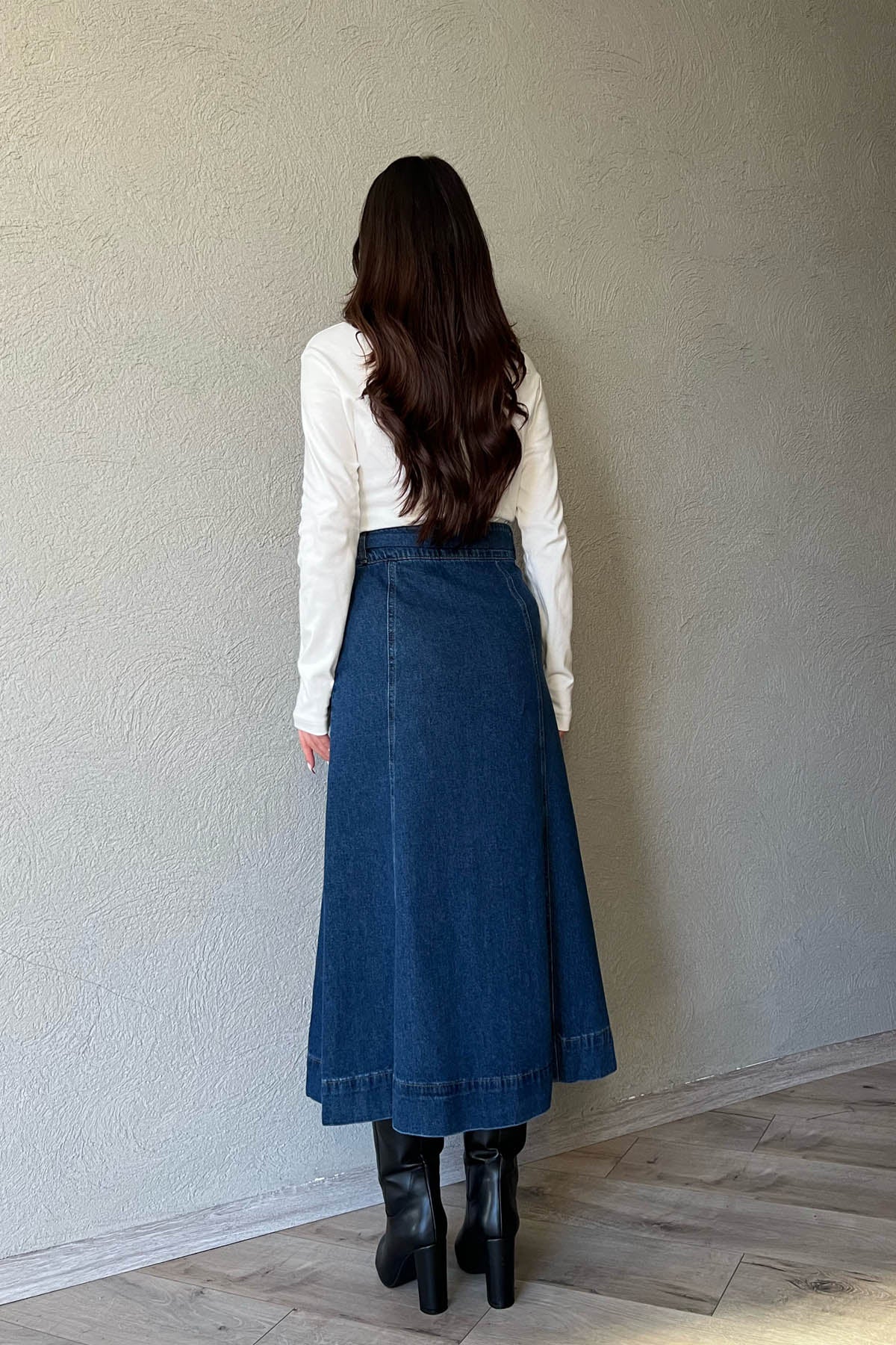 Koyu Lacivert Önü Düğme Detay Kemerli Denim Etek SY-1573-Koyu Lacivert