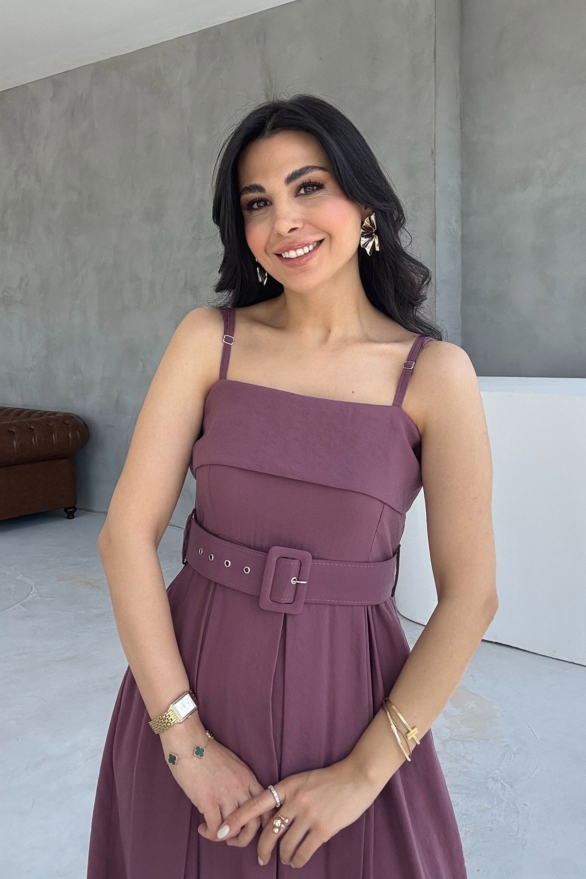 Mürdüm Geniş Pileli Kemerli Elbise SY-3070-Mürdüm