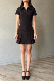Siyah Önü Fermuarlı Cep Detaylı Gömlek Yaka Elbise SY-1802-Siyah