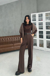 Kahverengi Çift Kemerli Premium Palazzo Pantolon SY-3471-Kahverengi