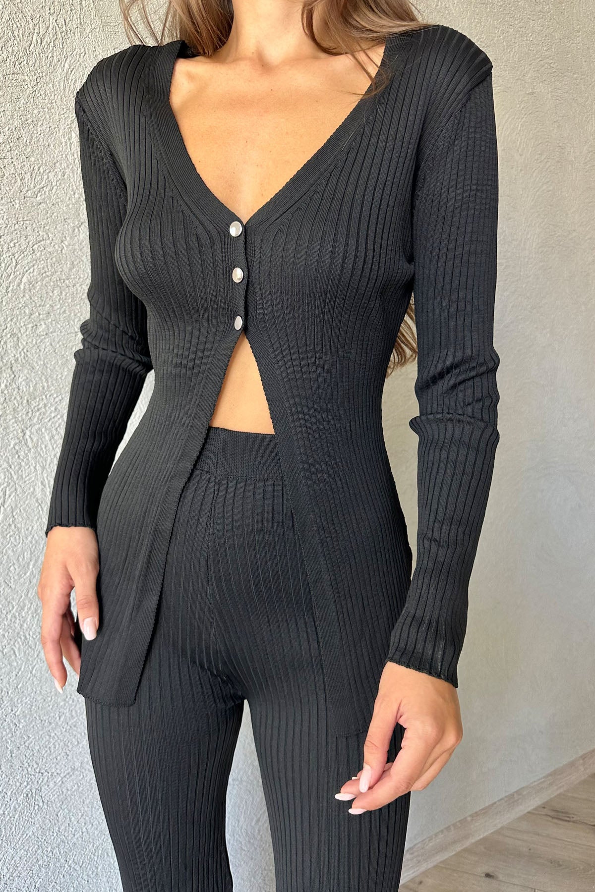 Siyah Fitilli Düğme Detaylı Bluz ve Pantolon Takım SY-0973-Siyah