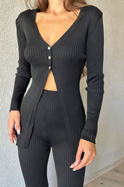 Siyah Fitilli Düğme Detaylı Bluz ve Pantolon Takım SY-0973-Siyah