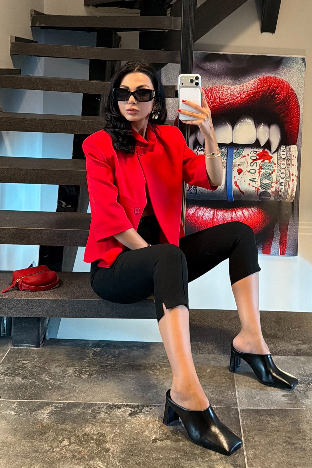 Kadın Kırmızı Kısa Kollu Crop Blazer Ceket SY-3747-Kırmızı