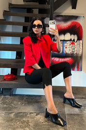 Kadın Kırmızı Kısa Kollu Crop Blazer Ceket SY-3747-Kırmızı