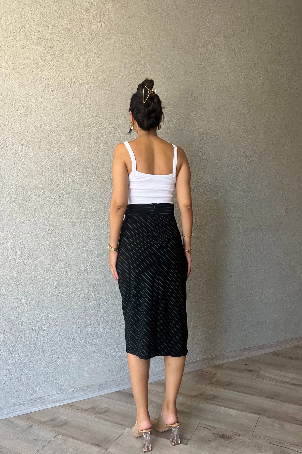 Siyah Çizgili Midi Boy Etek SY-1642-Siyah