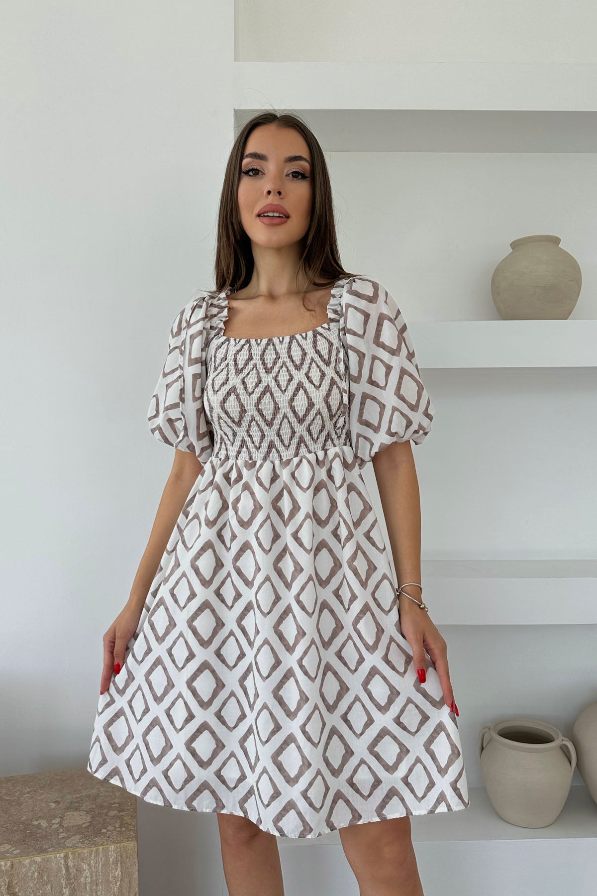 Vizon Önü Gipeli Balon Kol Elbise SY-0471-Vizon