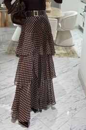 Kahverengi Puantiyeli Fırfırlı Kat Kat Kemerli ETek SY-3525-Puantiyeli