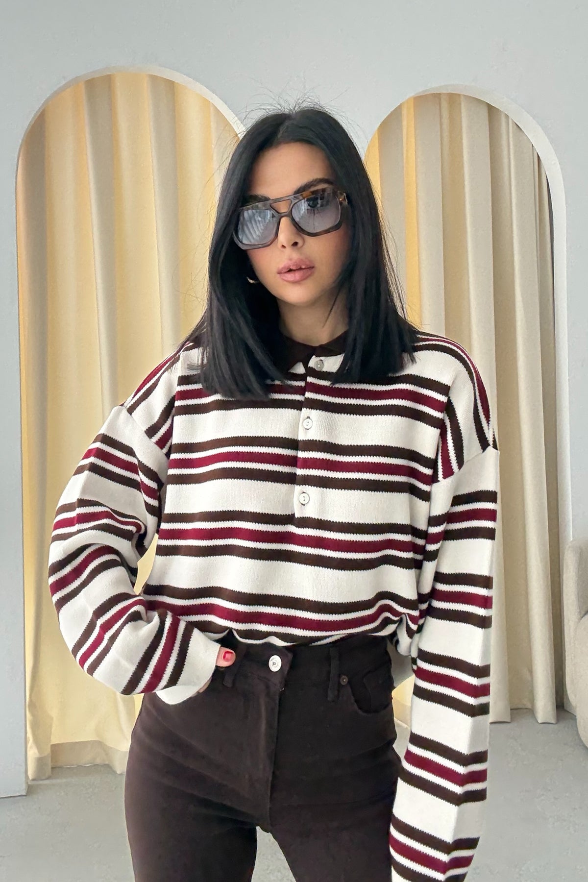 Kahve-Ekru Polo Yaka Çizgili Kazak SY-3475-Kahverengi