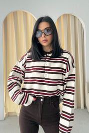 Kahve-Ekru Polo Yaka Çizgili Kazak SY-3475-Kahverengi