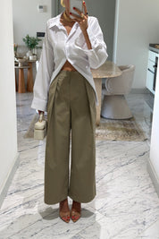 Haki Pileli Geniş Paça Gabardin Pantolon SY-3847-Haki