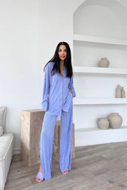 Açık Lila Yırtmaçlı Fitilli Gömlekli Kadın Oversize Takım SY-0465-Açık Lila