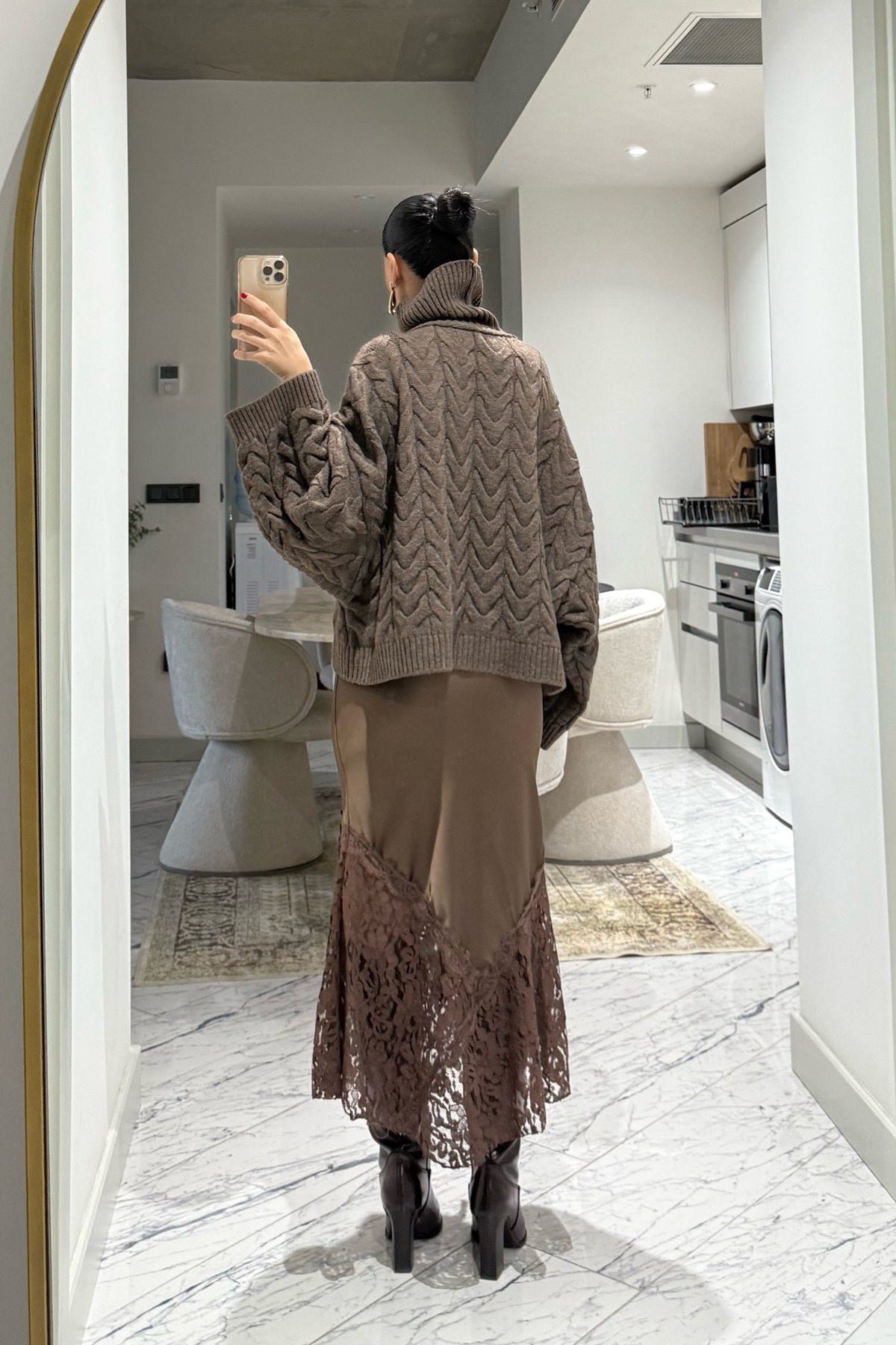 Dantel Detaylı Kahverengi Saten Etek SY-3540-Kahverengi