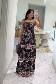 Siyah Floral Desenli Kat Kat Elbise SY-3822-Sİyah