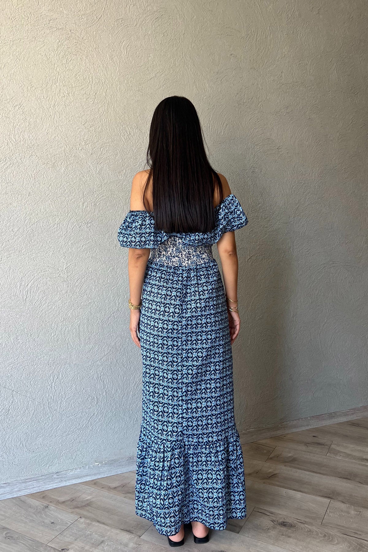 Koyu Mavi Madonna Yaka Desenli Gipeli  Elbise SY-2164-Koyu Mavi